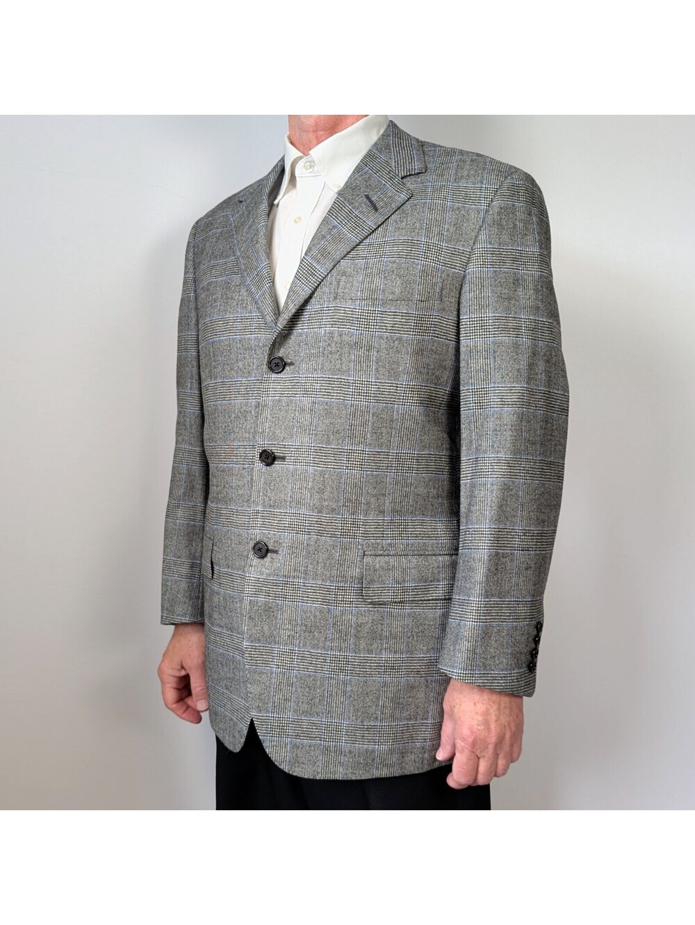 Oxxford Clothes Wool Cashmere Sport Coat Blazer Gray Glen Plaid Blue 46R USA